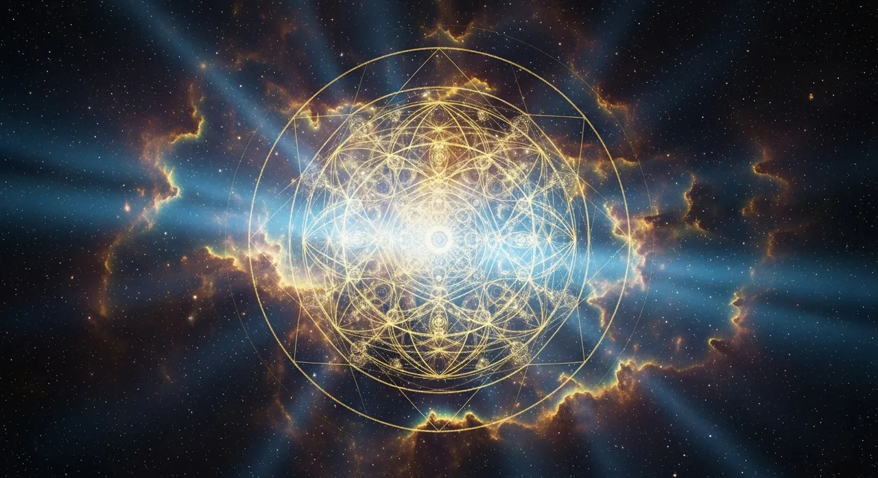 Cosmic nebula backdrop with sacred geometry